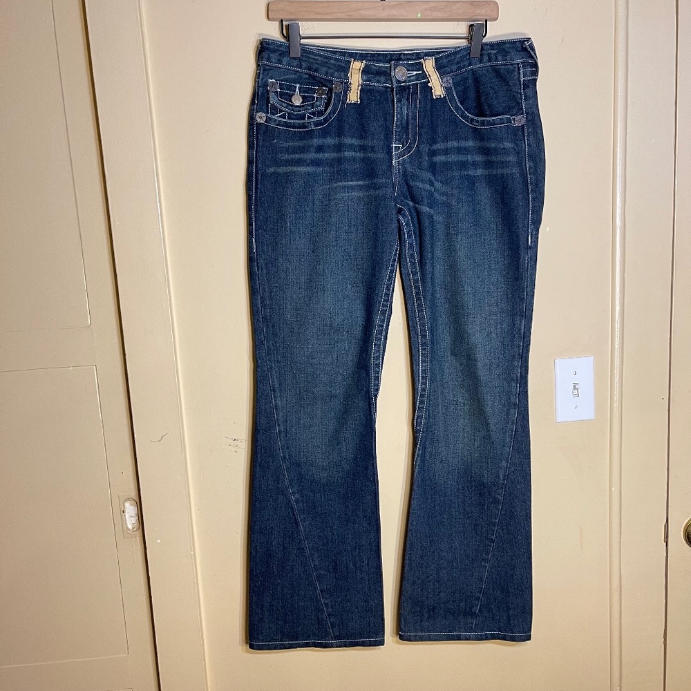 True Religion Dark Blue Jeans With Tan Stitching